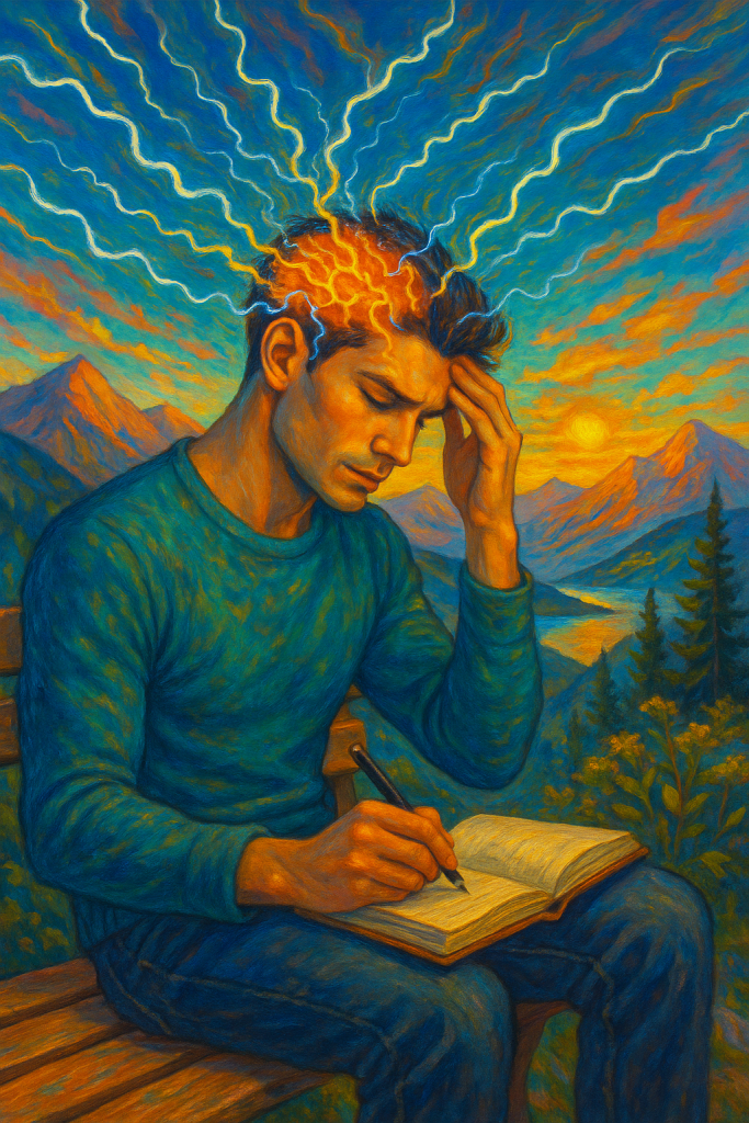 Neurodivergent adult writing in a journal with glowing brain waves radiating into a colourful sky over mountains and a river, symbolising creativity, focus, and mindfulness.