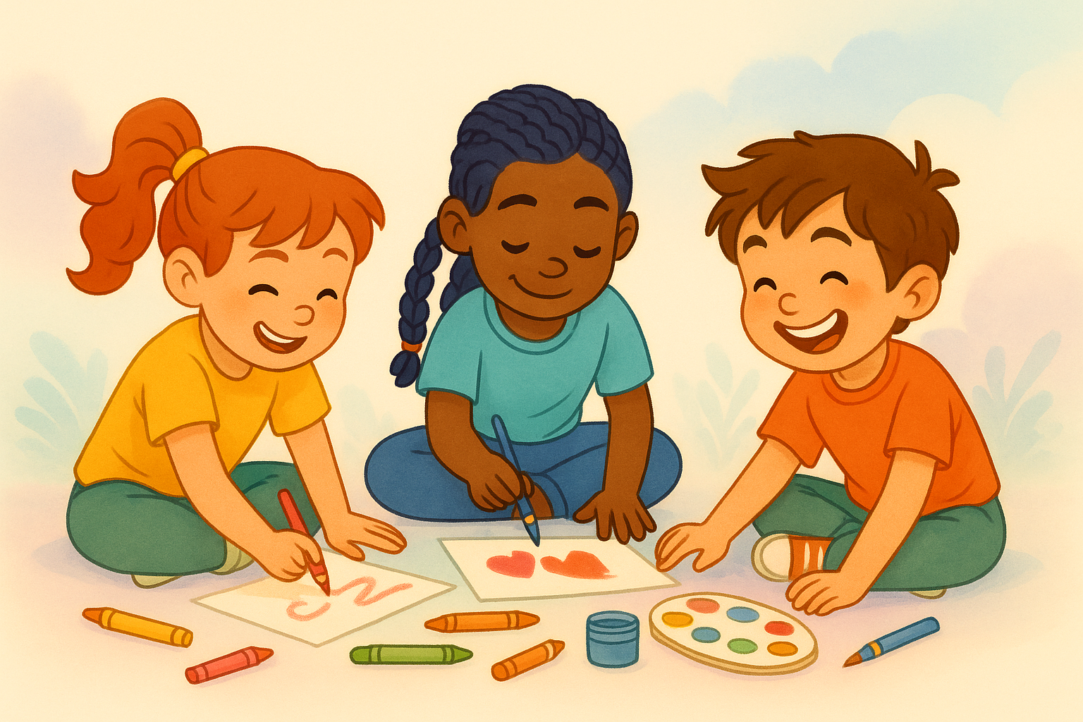 Illustration of three diverse children reading together, from the MindMosaic Kids series promoting inclusivity and emotional learning for autistic children