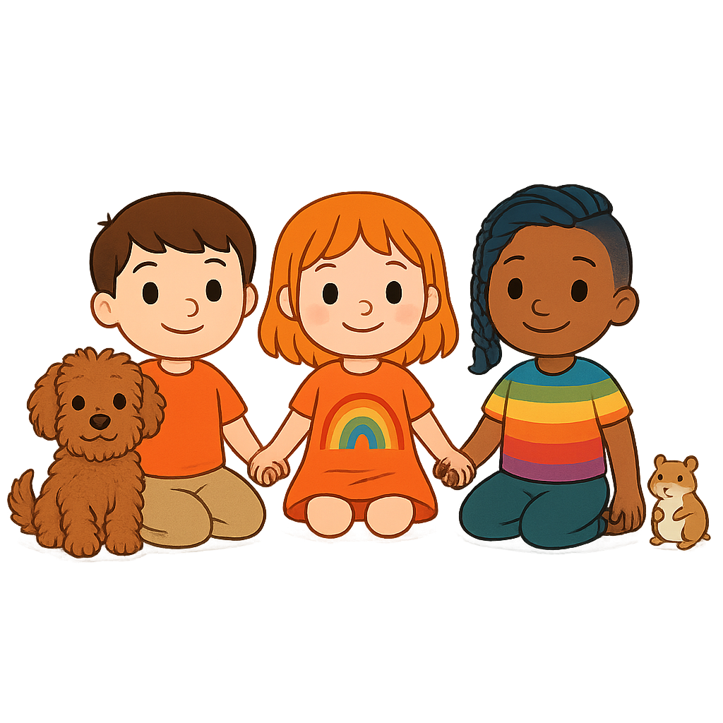 Illustration of three diverse cartoon children and two dogs, from the MindMosaic Kids series promoting inclusivity, emotional learning, and autism-friendly stories.