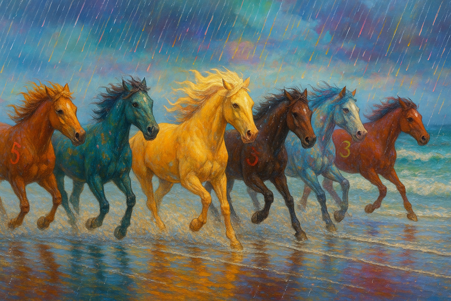 Colourful illustration of galloping horses blending into a rainbow-like synaesthetic dreamscape, representing the book Colourful Dreams by Nicola Ahern