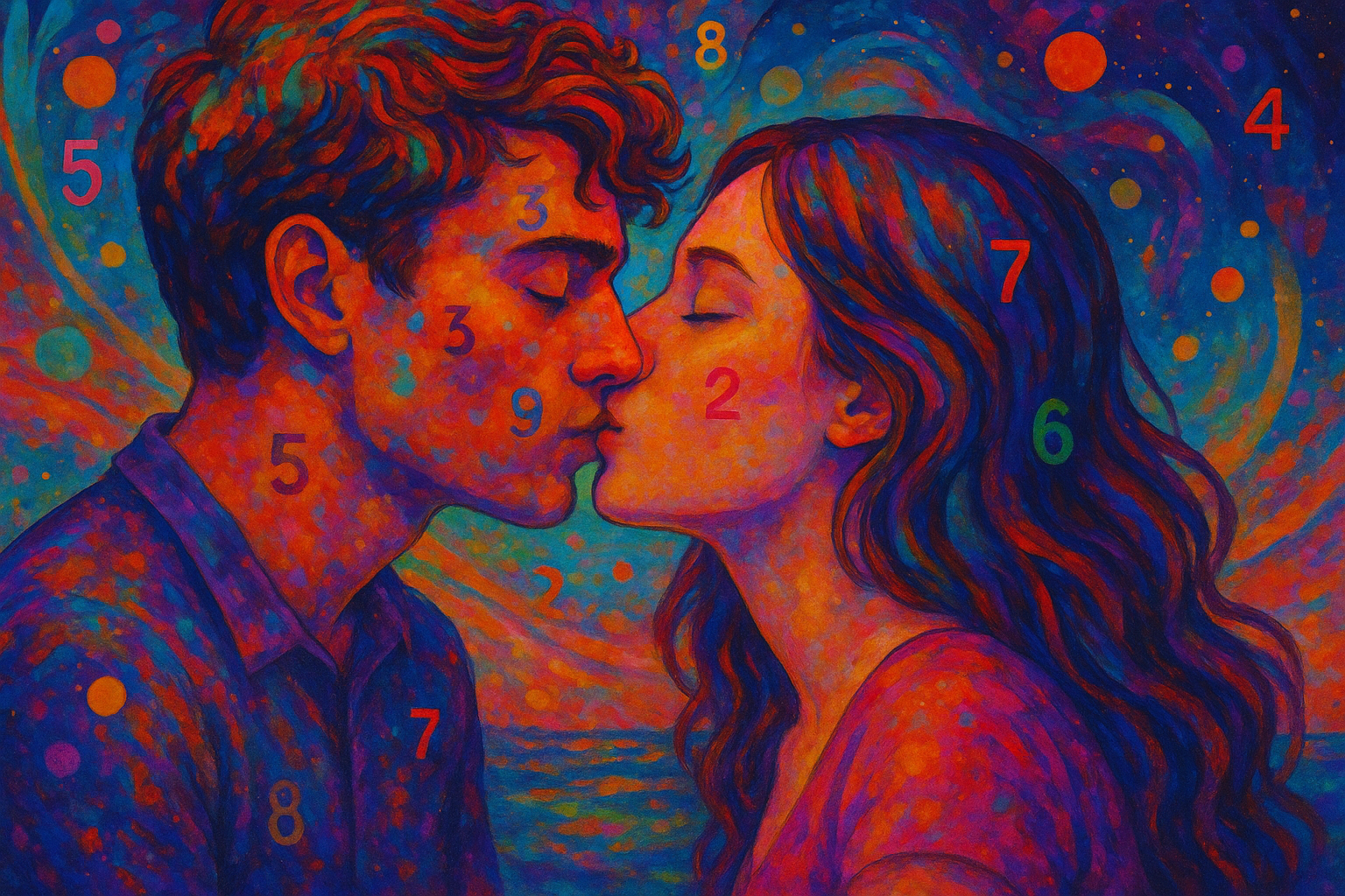 Romantic couple in surreal colorful artwork inspired by synesthesia, with numbers symbolizing emotional connection.