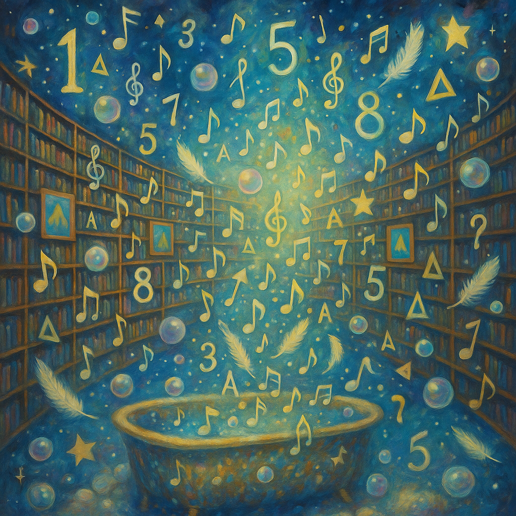 Synesthesia-inspired bathroom scene with numbers and glowing light patterns flowing from the ceiling into a bathtub, representing sensory crossover.