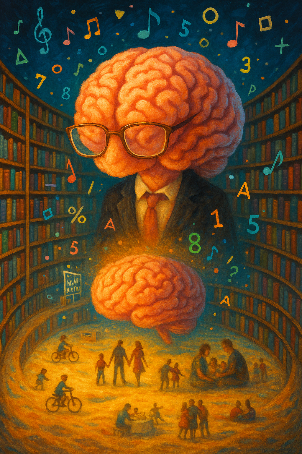 Surreal synesthesia art of a giant brain floating above a crowd, with glowing numbers in the background representing sensory connection and thought patterns.