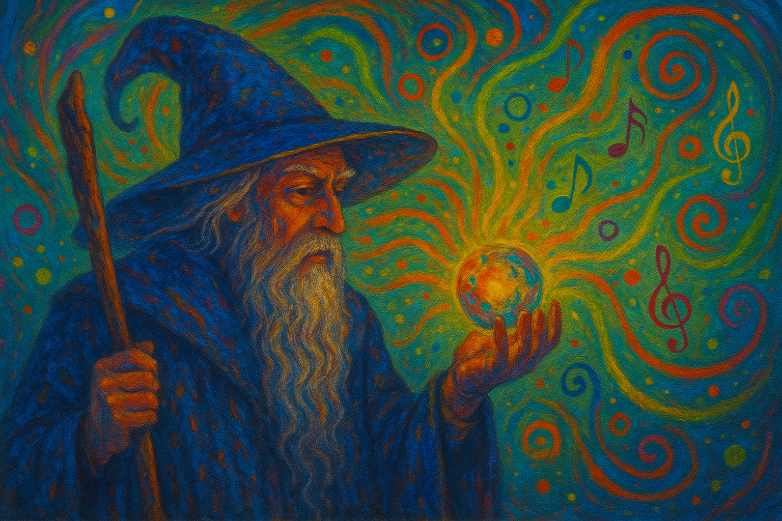 Surreal wizard holding a glowing heart-shaped object, surrounded by swirling synesthesia-inspired colors and patterns.